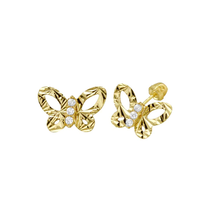 Load image into Gallery viewer, 14K Yellow Gold Butterfly CZ Center Screw Back Earrings Dimensions-5.7mmx8.3mm
