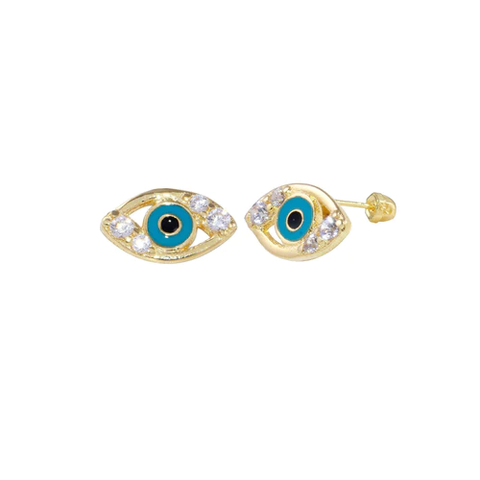 14K Yellow Gold CZ Evil Eye Screw Back Earrings Dimensions-3.9mmx7mm