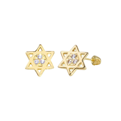 14K Yellow Gold CZ Star Of David Screw Back Earrings Dimensions-6.7mm