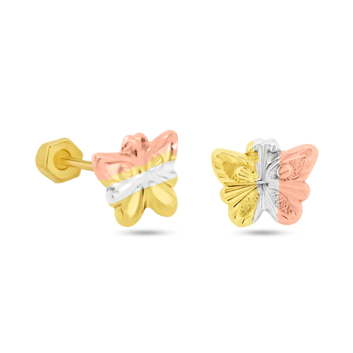 14K Yellow Gold Three Tone Diamond Cut Butterfly Screw Back Earrings Dimensions-6mmx5.5mm