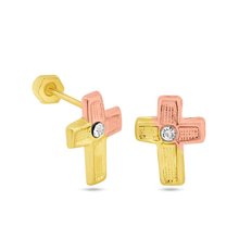Load image into Gallery viewer, 14K Yellow Gold Three Tone Textured Cross Screw Back Earrings Dimensions-6mmx8mm
