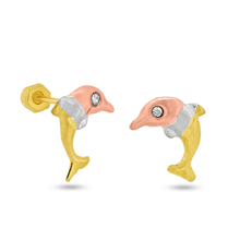 Load image into Gallery viewer, 14K Yellow Gold Three Tone CZ Dolphin Screw Back Earrings Dimensions-5.5mmx9mm