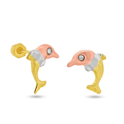 14K Yellow Gold Three Tone CZ Dolphin Screw Back Earrings Dimensions-5.5mmx9mm