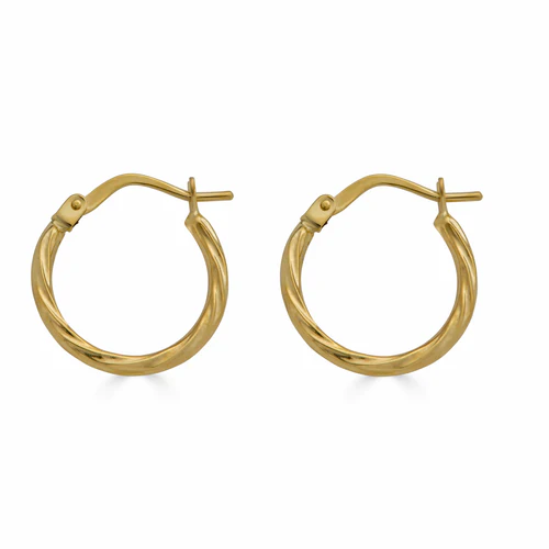 14K Yellow Gold Twisted Design Latch Back Hoop Earrings Dimensions-15.1mm