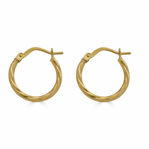 14K Yellow Gold Twisted Design Latch Back Hoop Earrings Dimensions-15.1mm