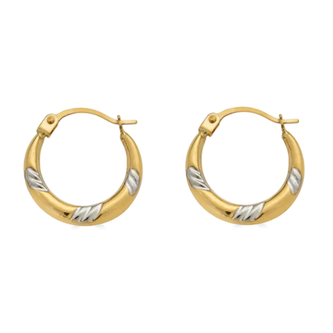 14K Yellow Gold Two Tone Slashed DesignLatch Back Hoop Earrings Dimensions-14.4mm