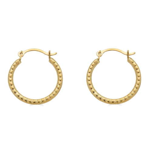 14K Yellow Gold Beaded Design Latch Back Hoop Earrings Dimensions-14.4mm