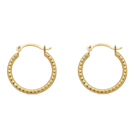 14K Yellow Gold Beaded Design Latch Back Hoop Earrings Dimensions-14.4mm