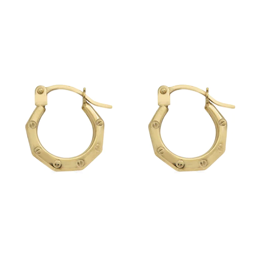 14K Yellow Gold Hexagon Design Latch Back Hoop Earrings Dimensions-11.2mm