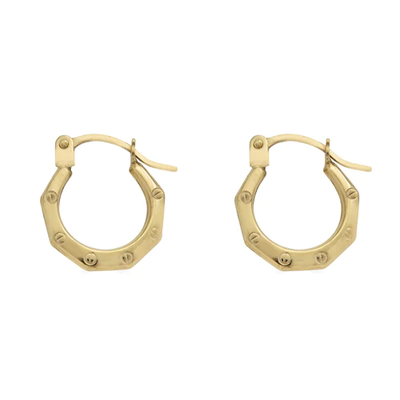 14K Yellow Gold Hexagon Design Latch Back Hoop Earrings Dimensions-11.2mm