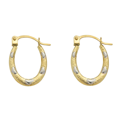 14K Yellow Gold Two Tone Heart Design Latch Back Hoop Earrings Dimensions-11.2mmx15.8mm