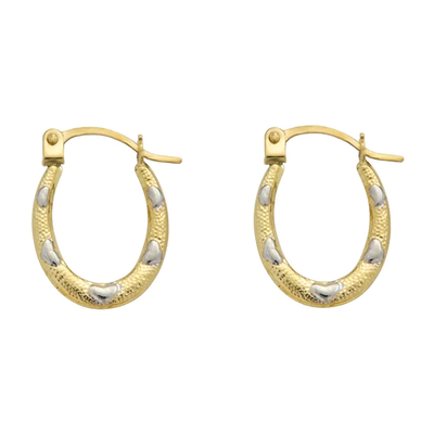 14K Yellow Gold Two Tone Heart Design Latch Back Hoop Earrings Dimensions-11.2mmx15.8mm