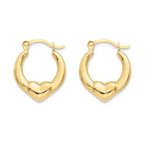 14K Yellow Gold Two Tone Heart Design Latch Back Hoop Earrings Dimensions-12.2mmx14.5mm