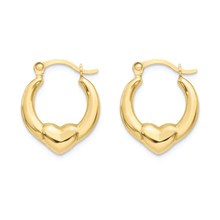 Load image into Gallery viewer, 14K Yellow Gold Two Tone Heart Design Latch Back Hoop Earrings Dimensions-12.2mmx14.5mm
