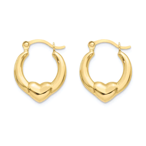 14K Yellow Gold Two Tone Heart Design Latch Back Hoop Earrings Dimensions-12.2mmx14.5mm
