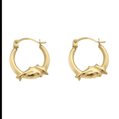 14K Yellow Gold Dolphin Design Latch Back Hoop Earrings Dimensions-14.2mmx15.4mm