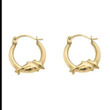 Load image into Gallery viewer, 14K Yellow Gold Dolphin Design Latch Back Hoop Earrings Dimensions-14.2mmx15.4mm