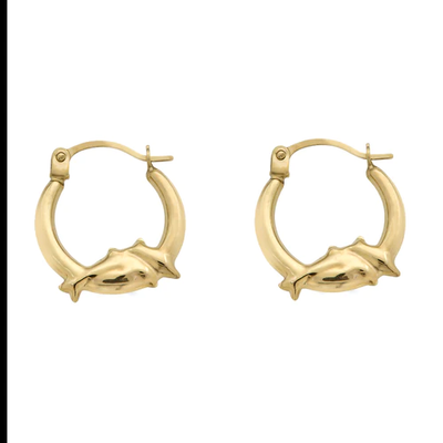 14K Yellow Gold Dolphin Design Latch Back Hoop Earrings Dimensions-14.2mmx15.4mm