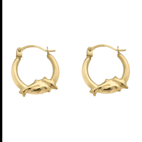 14K Yellow Gold Dolphin Design Latch Back Hoop Earrings Dimensions-14.2mmx15.4mm