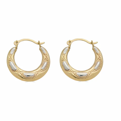 14K Yellow Gold Two Tone Design Latch Back Hoop Earrings Dimensions-14.9mm