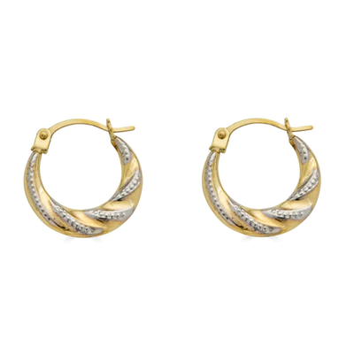 14K Yellow Gold Two Tone Wave Design Latch Back Hoop Earrings Dimensions-14.5mm