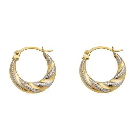 14K Yellow Gold Two Tone Wave Design Latch Back Hoop Earrings Dimensions-14.5mm