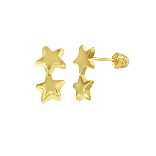 14K Yellow Gold Double Star Screw Back Earrings Dimensions-3.2mmx6.1mm