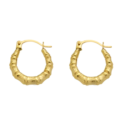 14K Yellow Gold Bamboo Hoop Latch Lock Earrings Dimensions-13.5mmx15.2mm