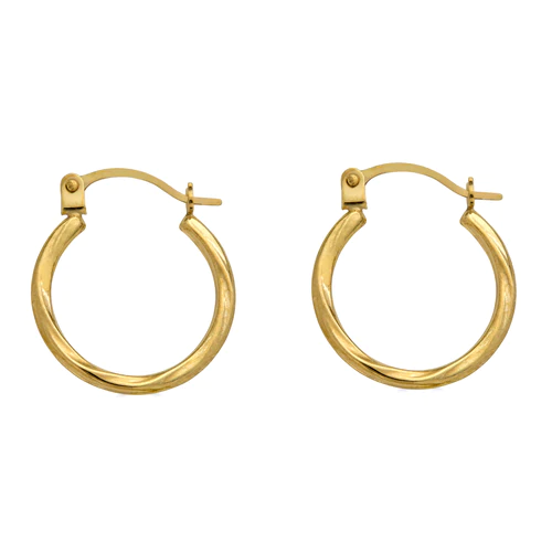 14K Yellow Gold Twisted Hoop Latch Lock Earrings Dimensions-14mmx16mm