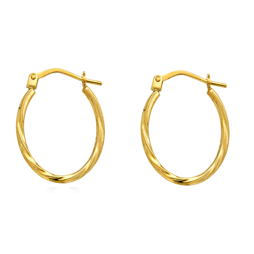 14K Yellow Gold Twisted Oval Hoop Latch Lock Earrings Dimensions-15mmx21mm