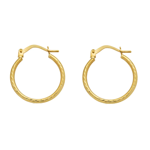 14K Yellow Gold Diamond Cut Textured Hoop Latch Lock Earrings Dimensions-17.3mmx19.7mm