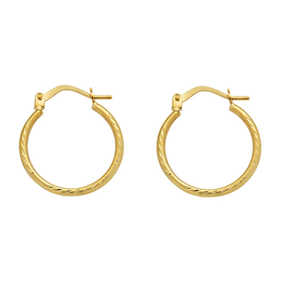 14K Yellow Gold Diamond Cut Textured Hoop Latch Lock Earrings Dimensions-17.3mmx19.7mm