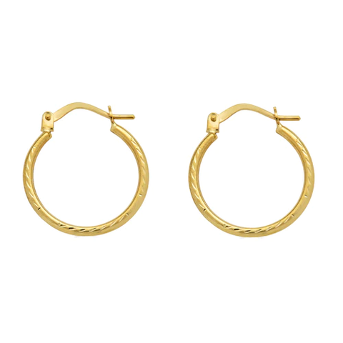 14K Yellow Gold Diamond Cut Textured Hoop Latch Lock Earrings Dimensions-17.3mmx19.7mm