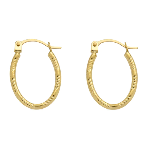 14K Yellow Gold Diamond Cut Textured Oval Hoop Latch Lock Earrings Dimensions-17.3mmx19.7mm