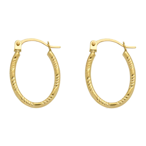 14K Yellow Gold Diamond Cut Textured Oval Hoop Latch Lock Earrings Dimensions-17.3mmx19.7mm
