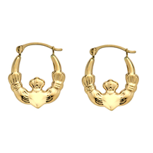 Load image into Gallery viewer, 14K Yellow Gold Textured Crown Heart Hoop Latch Lock Earrings Dimensions-14.1mmx17mm