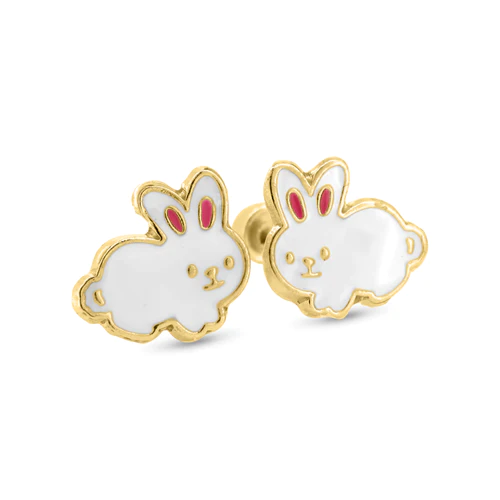 14K Yellow Gold White Rabbit Screw Back Earrings Dimensions-9.5mmx8.4mm