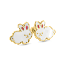 Load image into Gallery viewer, 14K Yellow Gold White Rabbit Screw Back Earrings Dimensions-9.5mmx8.4mm