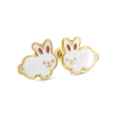 14K Yellow Gold White Rabbit Screw Back Earrings Dimensions-9.5mmx8.4mm
