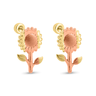 14K Yellow Gold Two Tone Sunflower Screw Back Earrings Dimensions-7.6mmx12mm