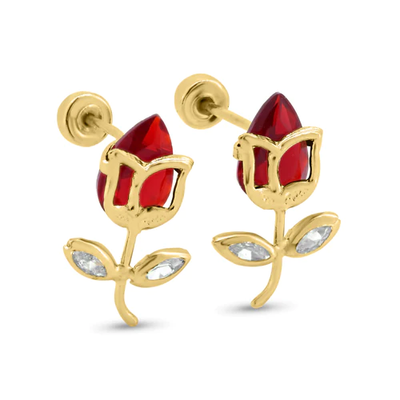 14K Yellow Gold Flower Red CZ Screw Back Earrings Dimensions-7mmx11.5mm