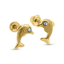 Load image into Gallery viewer, 14K Yellow Gold Dolphin Clear CZ Screw Back Earrings Dimensions-5.3mmx7.5mm