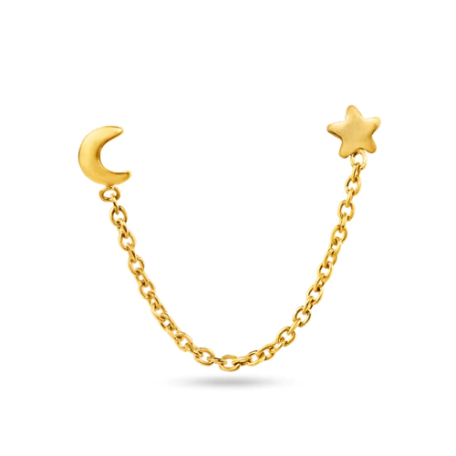 14K Yellow Gold Double Piercing Moon And Star Screw Back Earrings Moon Star Dimensions-3mm, Chain Length-1inch