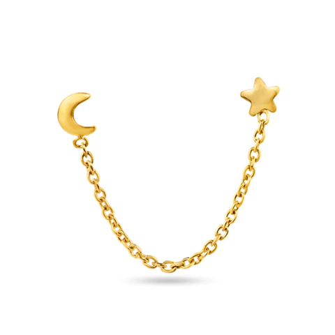 14K Yellow Gold Double Piercing Moon And Star Screw Back Earrings Moon Star Dimensions-3mm, Chain Length-1inch