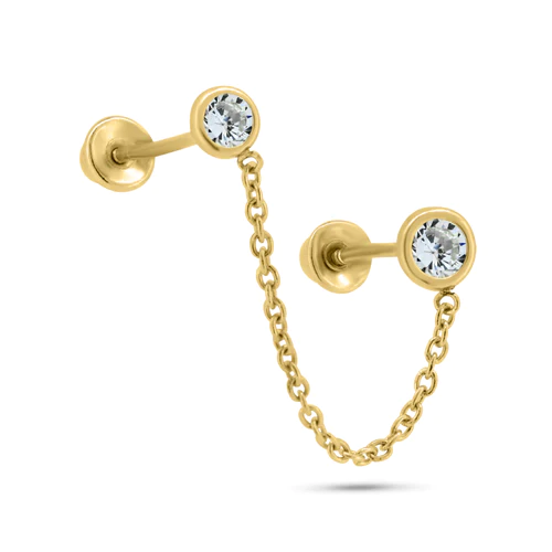 14K Yellow Gold Double Piercing Clear CZ Screw Back Earrings Dimensions-3.5mm, Chain Length-1inch
