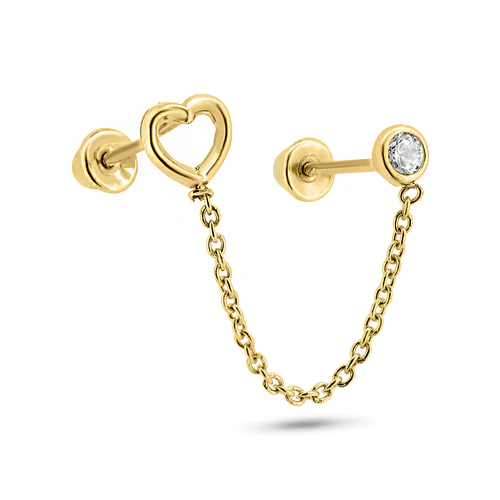 14K Yellow Gold Double Piercing Heart Outline And Round Clear CZ Screw Back Earrings Heart Dimensions-4.7mmx4.3mm, Width-2.8mm, Chain Length-1inch