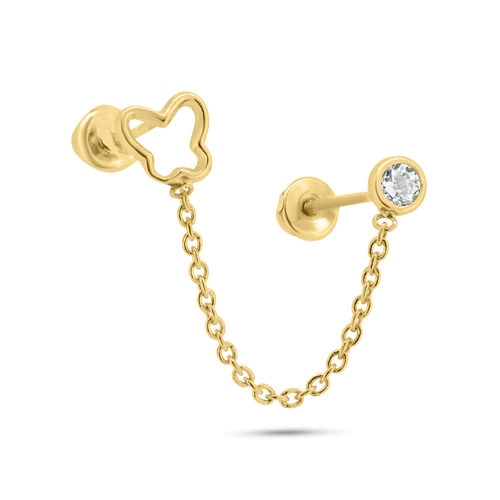 14K Yellow Gold Double Piercing Butterfly Outline And Round Clear CZ Screw Back Earrings Butterly Dimensions-4.7mmx4.5mm, Width-2.8mm, Chain Length-1inch