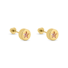 Load image into Gallery viewer, 14K Yellow Gold Round Star Pink CZ Screw Back Earrings Dimensions-5.3mm