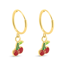 Load image into Gallery viewer, 14K Yellow Gold Cherry Hoop Earrings Cherry Dimensions-6.2mmx5.7mm, Hoop Dimensions-10.9mm
