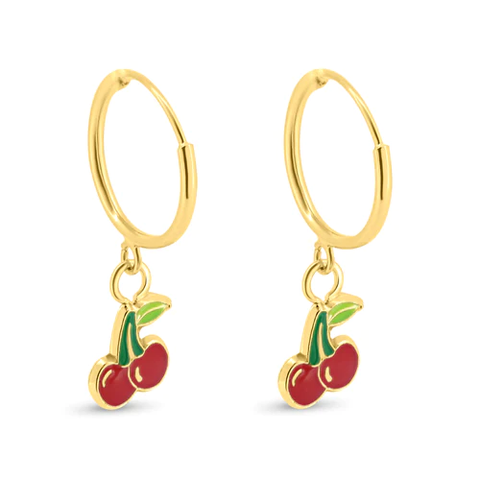 14K Yellow Gold Cherry Hoop Earrings Cherry Dimensions-6.2mmx5.7mm, Hoop Dimensions-10.9mm